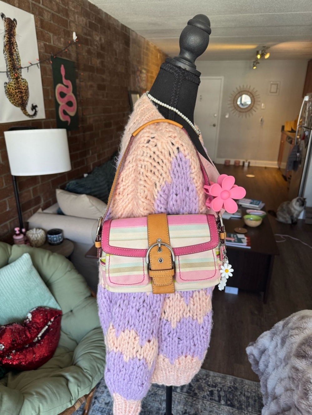 Vintage Coach Striped Pastel Shoulder Bag with Pink Trim and Tan Buckle - Picture 3 of 17